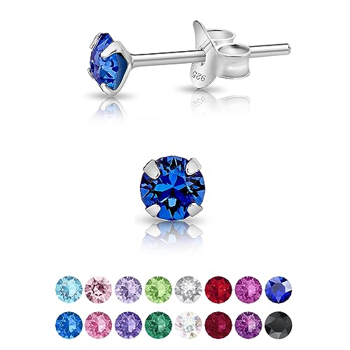 DTPsilver - Winzige Ohrringe 925 Sterling Silber mit Kristallen von Swarovski® Elements Runde Sehr kleine Ohrstecker - Durchmesser 4 mm - Farbe : Blauer Saphir von DTPsilver