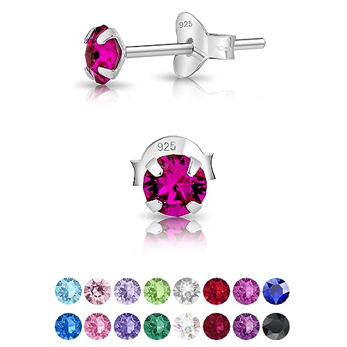 DTPsilver - Winzige Ohrringe 925 Sterling Silber mit Kristallen von Swarovski® Elements Runde Sehr kleine Ohrstecker - Durchmesser 4 mm - Farbe : Fuchsie von DTPsilver