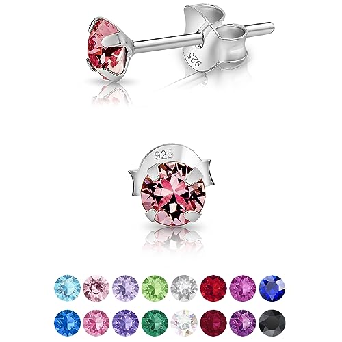 DTPsilver - Winzige Ohrringe 925 Sterling Silber mit Kristallen Runde Sehr kleine Ohrstecker - Durchmesser 4 mm - Farbe : Licht Stieg von DTPsilver