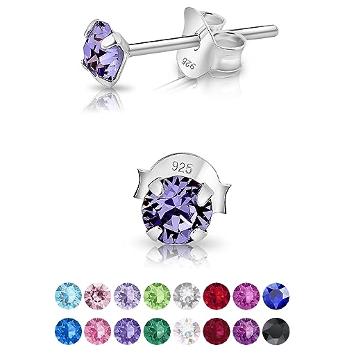DTPsilver - Winzige Ohrringe 925 Sterling Silber mit Kristallen von Swarovski® Elements Runde Sehr kleine Ohrstecker - Durchmesser 4 mm - Farbe : Tansanit von DTPsilver