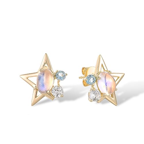DTREEL Damen Ohrringe 14K 585 Gold Ohrringe Damen blauer Mondstein weißer Topas Ohrstecker Stern Ohrstecker Mode Damen Accessoires von DTREEL