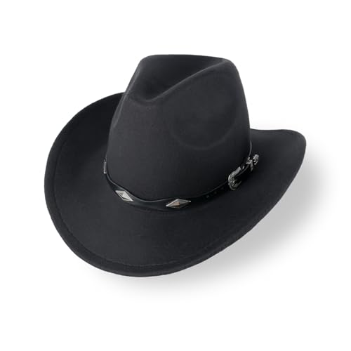 DTREEL Schwarzer Cowboyhut für Männer und Frauen Klassischer Cowboyhut mit breiter Krempe und Gürtelschnalle von DTREEL