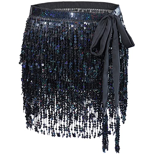 DTWAWA Boho Bauchtanz Pailletten Quaste Hüftschal, mehrlagig, Wickel-Fransen, glitzernder Gürtel, Party, Rave, Tanz, Performance-Rock für Damen und Mädchen, Schwarz , 185cm/72.8in von DTWAWA