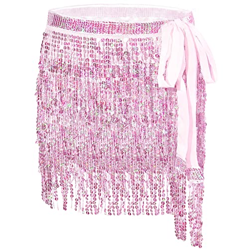 DTWAWA Boho Bauchtanz Pailletten Quaste Hüftschal, mehrlagig, Wickel-Fransen, glitzernder Gürtel, Party, Rave, Tanz, Performance-Rock für Damen und Mädchen, rose, 185cm/72.8in von DTWAWA