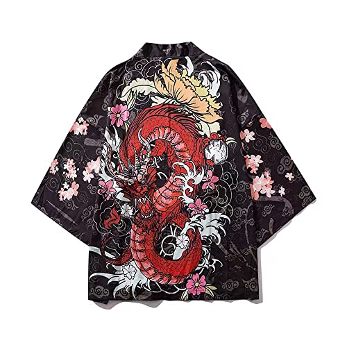 Herren Sommer Kimono Cardigan – Traditionelle Japanische Kleidung Haori Kostüm Taoistische Robe Langarm Jacke Chinesischer Stil Umhang Nachthemd Bademantel Nachtwäsche für Männer (Drache) (M) von DUALY