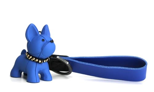 DUB SPENCER Süßer French Bulldog Hunde Miniatur Figur Schlüsselanhänger als Französische Bulldogge mit Leder Anhänger, Karabiner & Schlüsselring in 4 Farben + Duftbaum & Aufkleber (Blau) von DUB SPENCER