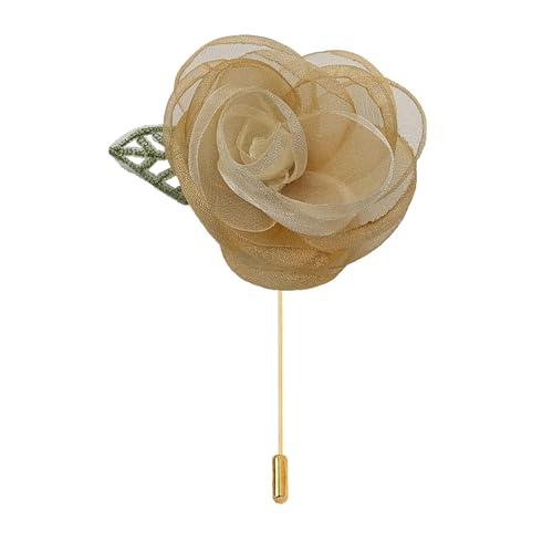 Satinblume Anstecknadel Anstecker Hochzeit Boutonn 5 * 11 CM 3 STÜCKE Silber Satin Blume Anstecknadel Abzeichen Blume Rose Blume/Rose Anstecknadel Brosche Pin & grünes Blatt(Light yellow) von DUBTEDHOU