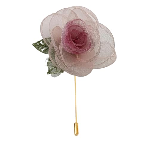 Satinblume Anstecknadel Anstecker Hochzeit Boutonn 5 * 11 CM 3 STÜCKE Silber Satin Blume Anstecknadel Abzeichen Blume Rose Blume/Rose Anstecknadel Brosche Pin & grünes Blatt(Pink) von DUBTEDHOU