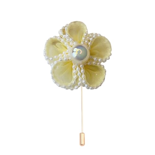 Satinblume Anstecknadel Anstecker Hochzeit Boutonn 5 * 7CM 6/10PCS Perle Blumen Gold Tuch Chiffon Blume Anstecknadel Abzeichen mit Gold Pin Blume Blume Anstecknadel Brosche Pin(Light yellow) von DUBTEDHOU