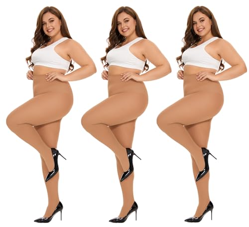 DUCMODA Damen Curvy Strumpfhose Große Größen Semi Blickdicht Strumpfhosen Plus Größen 3XL Oversize 3 Paar Hautfarbe von DUCMODA
