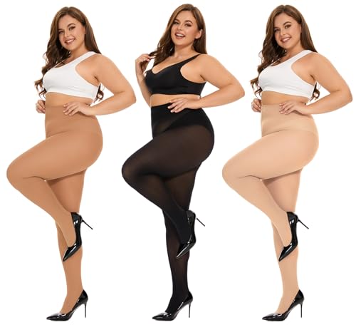 DUCMODA Damen Curvy Strumpfhose Große Größen Semi Blickdicht Strumpfhosen Plus Größen 3XL Oversize Hautfarbe+Schwarz+Beige von DUCMODA