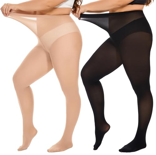 DUCMODA Damen Curvy Strumpfhose Große Größen Semi Blickdicht Strumpfhosen Plus Größen 3XL Oversize Schwarz+Beige von DUCMODA