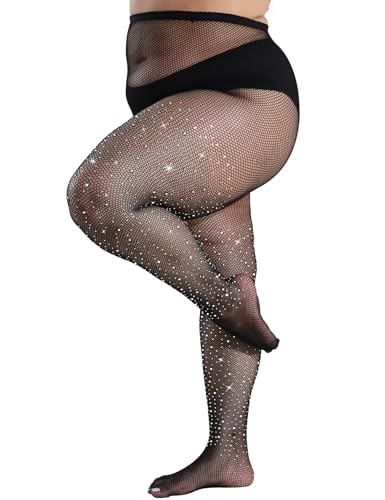 DUCMODA Queen Plus Size Strumpfhose - Blendender Fischnetz-Glitzer mit Strass für Damen - Party, Konzert-Fishnetzstrumpfhose Schwarz 3x-4x von DUCMODA