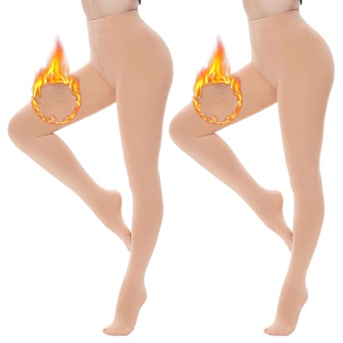DUCMODA Thermo Strumpfhose Damen, Blickdichte Wärmende Gefütterte Strumpfhosen, Winter Warm Thermostrumpfhose, Fleece Pantyhose Dicke Plüschstrümpfe (2er Pack Hautfarbe,M) von DUCMODA