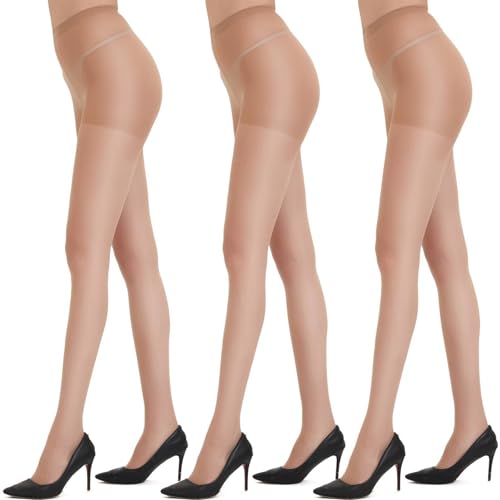 DUCMODA Ultra Tragfeste Strumpfhosen Damen 20D Reißfeste Feinstrumpfhose Seidenglatt Hohe Taille mit Verstärkten Zehen, 3er Pack Hautfarbe L von DUCMODA