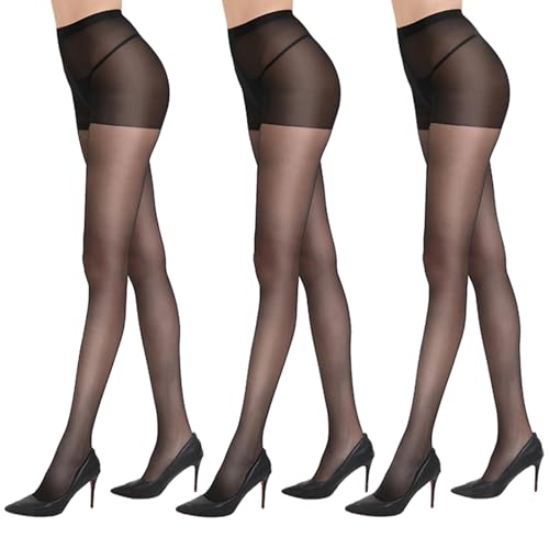 DUCMODA Ultra Tragfeste Strumpfhosen Damen 20D Reißfeste Feinstrumpfhose Seidenglatt Hohe Taille mit Verstärkten Zehen, 3er Pack Schwarz XL von DUCMODA