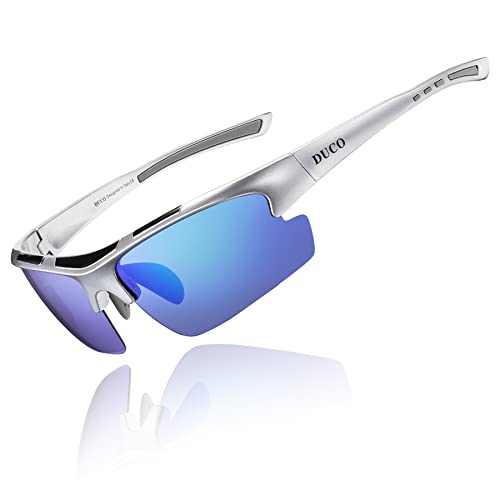 DUCO Herren Polarisiert Sport Sonnenbrille für Fahrrad Angeln Golf TR90 super leichter Rahmen DC6200 (Silber Rahmen Revo Grün Linse) von DUCO