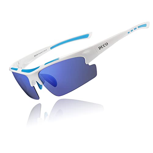 DUCO Herren Polarisiert Sport Sonnenbrille für Fahrrad Angeln Golf TR90 super leichter Rahmen DC6200 (Weiß Rahmen Revo Blau Linse) von DUCO