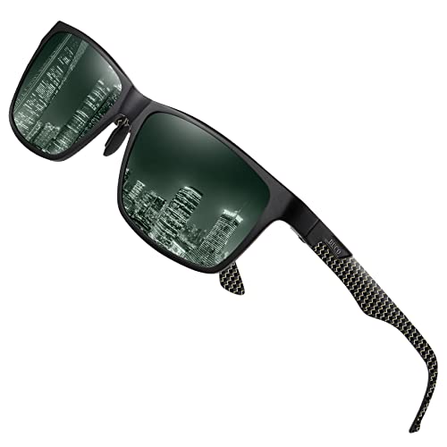 DUCO Herren Polarisierte Sonnenbrille mit Rechteckig Metallrahmen und Kohlefaser Brille Beine UV400 CAT 3 8206 (Schwarz-Gold-Tempel, Dark Green Linse) von DUCO