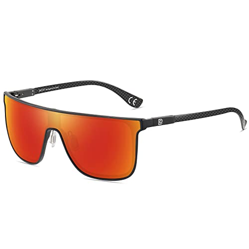 DUCO Herren Sonnenbrille Polarisierte Quadrat Sonnenbrille für Herren Carbon Fiber Tempel Sonnenbrille für Fahren Angeln Golf DC8209 (Schwarz Rahmen Revo Rot) von DUCO