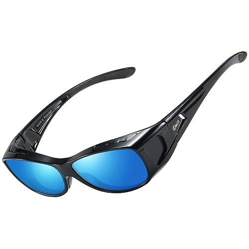 DUCO Herren und Damen Sonnenbrillen Polarisiert Unisex Brille Überbrille für Brillenträger Fit-over Polbrille 8953 (M-Schwarz, Revo Blau) von DUCO