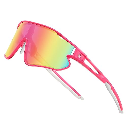 DUCO Kinder Sonnenbrille Jugend Baseball Sonnenbrille Leicht TR90 Rahmen UV400 Sport Radfahren Sonnenbrillen für Jungen Mädchen DK268 (Rosa Rahmen Weiß Bügel Farbig Gläser) von DUCO