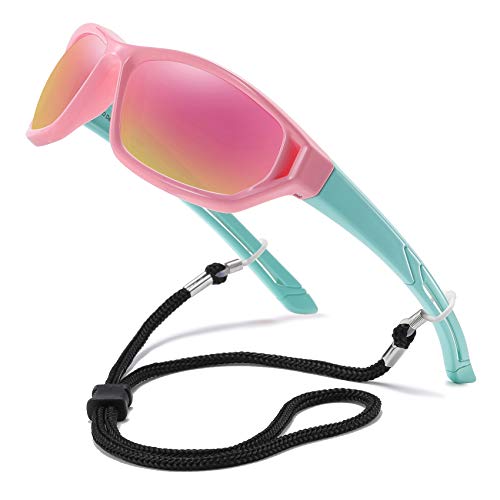 DUCO Kinder Sonnenbrille Jungen Sport Schattierungen Jugend polarisierte Sonnenbrille für Kinder Jungen und Mädchen K029 (Rosa Rahmen grün Tempel) von DUCO