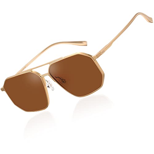 DUCO Klassische Quadratische Sonnenbrille für Herren Damen Retro Polarisierte Sonnenbrille Übergroßer Vintage Metallrahmen Trendige Farbtöne DC3032 (Gold Braun) von DUCO