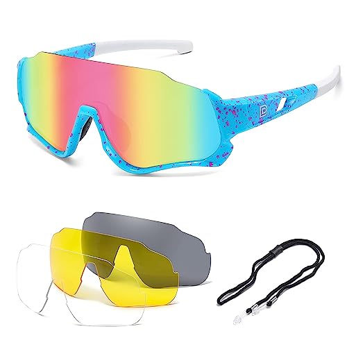 DUCO Polarisierte Kinder Sonnenbrille Jugend Baseball Sonnenbrille Sport Teens Radfahren Sonnenbrillen Jungen Mädchen mit 3 Linsen DK280 (Blau Rahmen Weiß Bügel Rosa Farbig Linse) von DUCO