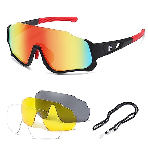 DUCO Polarisierte Kinder Sonnenbrille Jugend Baseball Sonnenbrille Sport Teens Radfahren Sonnenbrillen Jungen Mädchen mit 3 Linsen DK280 (Schwarz Rahmen Rot Bügel Orange Farbig Linse) von DUCO