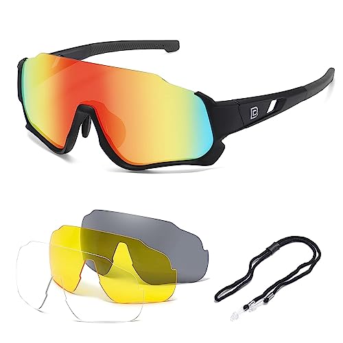 DUCO Polarisierte Kinder Sonnenbrille Jugend Baseball Sonnenbrille Sport Teens Radfahren Sonnenbrillen Jungen Mädchen mit 3 Linsen DK280 (Schwarz Rahmen Schwarz Bügel Orange Farbig Linse) von DUCO