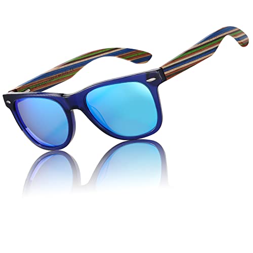 DUCO Polarisierte Sonnenbrille Herren Damen Sonnenbrille polarisiert mit UV-Schutz Walnuss Sonnenbrille mit Holzrahmen Umweltfreundliche Designerbrille DC2141 (Blau Rahmen Revo Blau) von DUCO