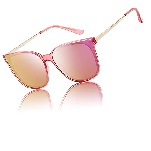 DUCO Sonnenbrille für Damen Polarisiert Sonnenbrille mit UV400 Schutz Vintage Klassisch Runde Metall Rahmen Leichtgewicht Übergroß Sonnenbrillen W016 (Rosa) von DUCO