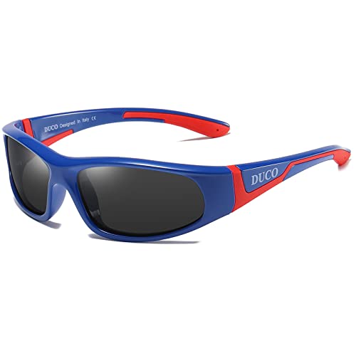 DUCO Sonnenbrille für Kinder Polarisierte Sonnenbrille Jungen & Mädchen mit Flexible Gummi UV400 Schutz (Blau Rot) von DUCO