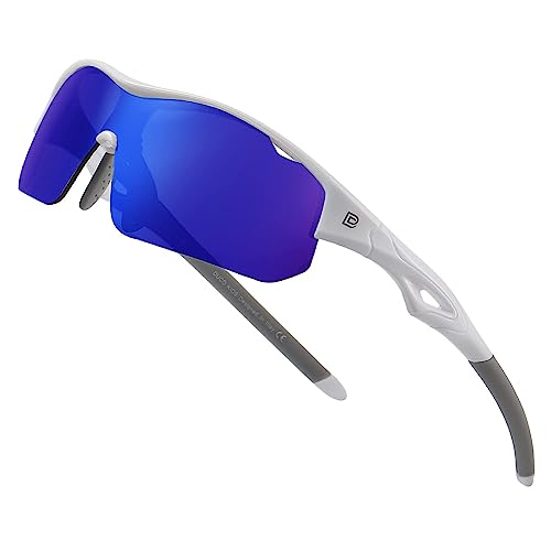 DUCO Sports Jugend Baseball Sonnenbrille für Kinder Unzerbrechlich TR90 Rahmen Leichte Sonnenbrille für Jungen und Mädchen DK261 (Weiß Rahmen Grau Tempel Revo Blau Gläser) von DUCO