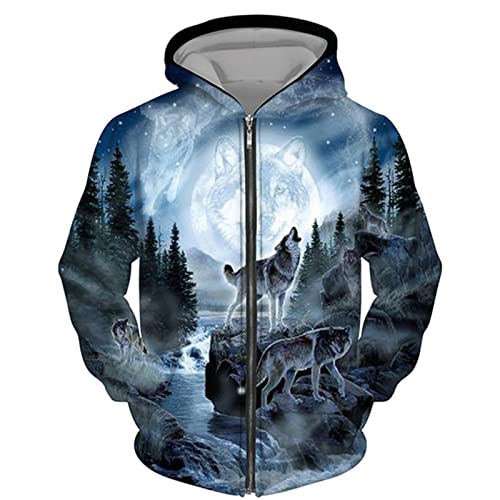 DUDSOG Männer Sternenhimmel Wolf 3D gedruckt Reißverschluss Hoodie Pullover Sweatshirt Kapuze Sweatshirt Sportbekleidung Freizeitjacke von DUDSOG