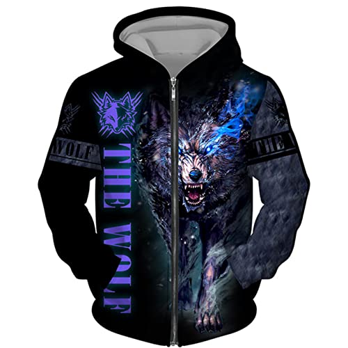 DUDSOG Männer Wikinger Wolf 3D gedruckte Hoodies Hip Hop Casual Full Zip Kapuze Sweatshirt Jacke Tops von DUDSOG