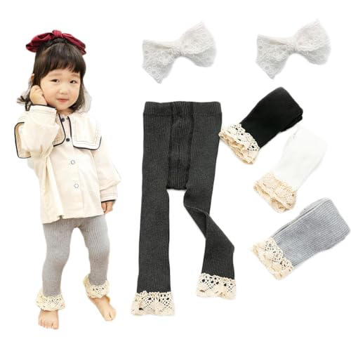 DUDUFUN Baby Mädchen Kleinkind Spitze Rand Fliege Hosen Gestrickte Hosen Leggings Pack von 4+Baby Spitze Haarclip Stirnband (12-24 Monate, M) von DUDUFUN