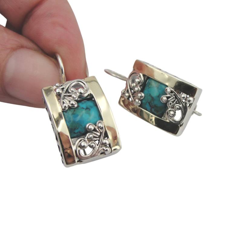 925 Sterling Silber Ohrringe, Verziert Mit Gelbgold Und Türkis Edelsteinen - Teil Eines Sets von DUERRY