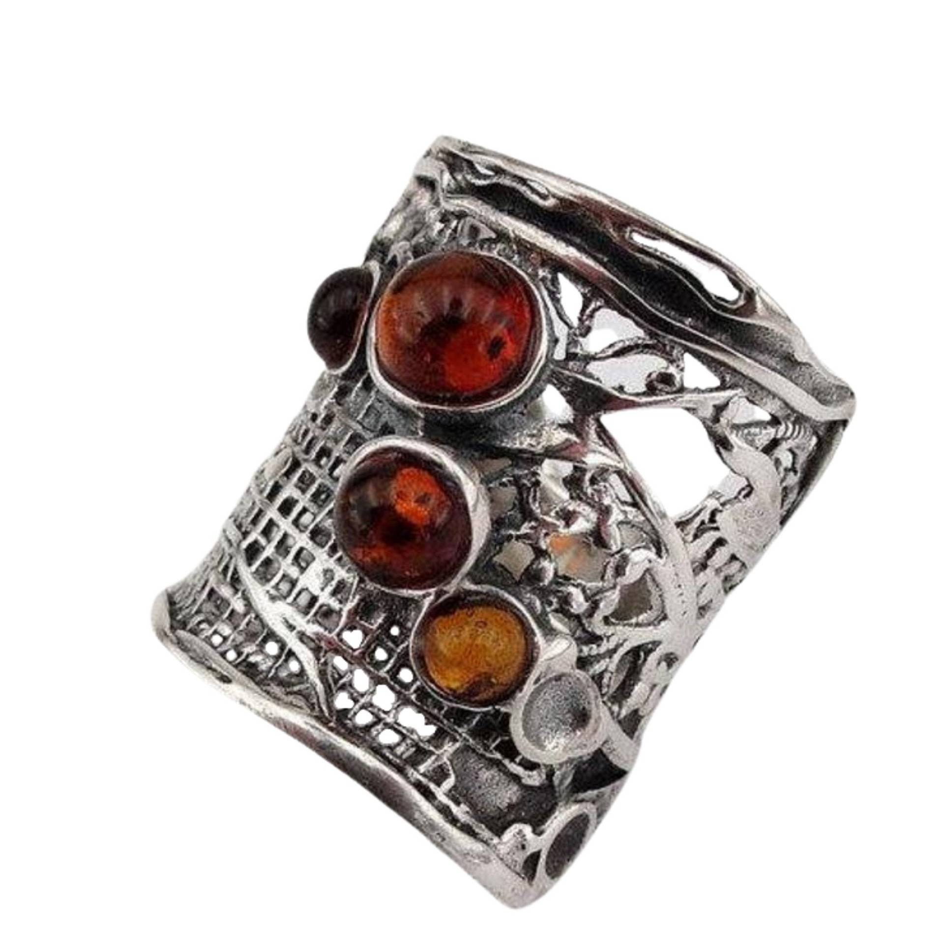 Bernsteinring, Breiter Oranger Bernsteinring Mit Netzstruktur, Aus Silber, Sterlingsilber Und Bernsteinedelsteinen Ring Bernsteinring, Breiter Oranger Bernsteinring Mit Netzstruktur, Aus Silber, Sterlingsilber Und Bernsteinedelsteinen Ring von DUERRY