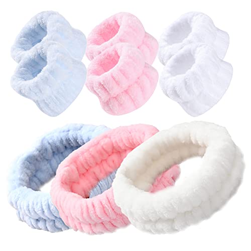DUGEGAYL 9 Stück Spa Gesichts Stirnband Handgelenk Waschband Set, Mikrofaser Handgelenk Waschen Handtuch Band Armbänder für Make-up Bad Frauen Mädchen (Hellrosa, Weiß, Himmelblau) von DUGEGAYL