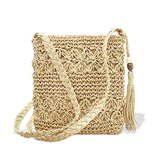 DUGEHO Straw Damen Einschulter Strohtasche Umhängetasche,Sommer Vintage Strandtasche mit Quaste Strand Stroh Handtasche Crossbody für Frauen Reisen Urlaub Freizeit Geflochten Tasche（Off-weiß） von DUGEHO