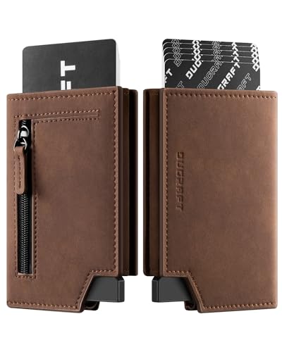 DUGRAFT Faltbare Pop-Up-Geldbörse für Herren, schlankes Leder, Kreditkartenetui mit Reißverschluss, minimalistisch, für Damen, magnetisch, für Bargeld, Münzen, RFID-Blockierung, Braun, Minimalistisch von DUGRAFT