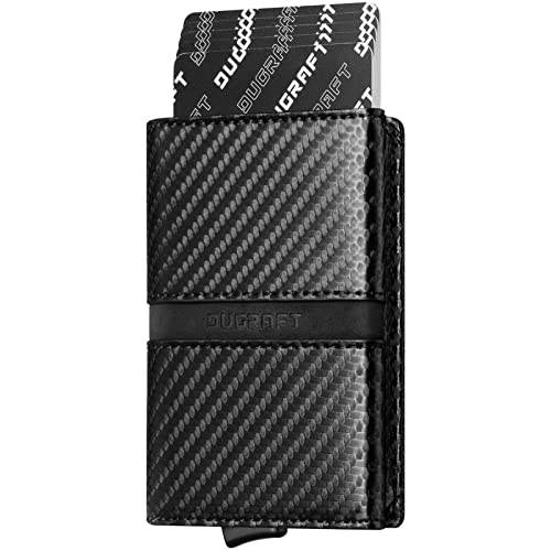 DUGRAFT Minimalistisch Leder Geldbörse Herren mit Aluminium Etui Kartenschieber RFID Geschützt, Geldscheinefach, Ausweisfenster und 4 Kartenfächer, Max. 11 Karten, Carbon Schwarz von DUGRAFT