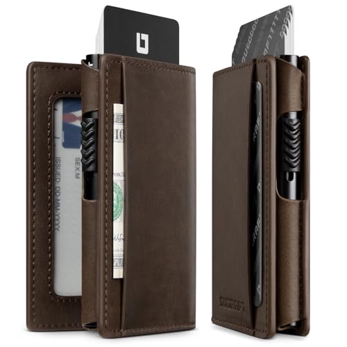 DUGRAFT Pop-Up-Geldbörse, Schmaler RFID-Blockierender Kartenhalter mit Ausweisfenster, Minimalistisches Herren-Kreditkartenetui aus Aluminiummetall mit Lederfächern, Espresso von DUGRAFT