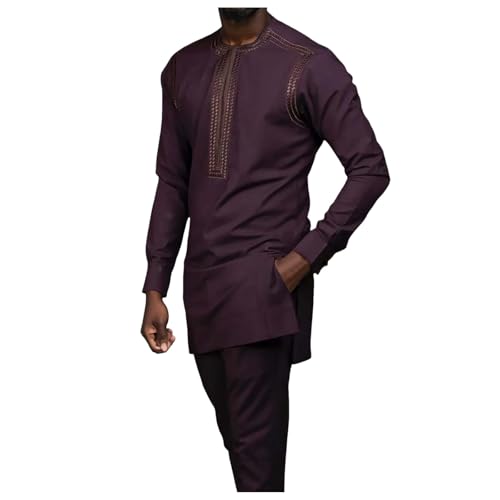 DUHENWU Afrikanisches 2-Teiliges Herren Set Dashiki Und Hose Traditioneller Anzug Muslim Vintage Pyjama Hochzeit Partei Kleid Lange Ärmel Männer Partykleid Islamische Kostüm Trainingsanzug von DUHENWU