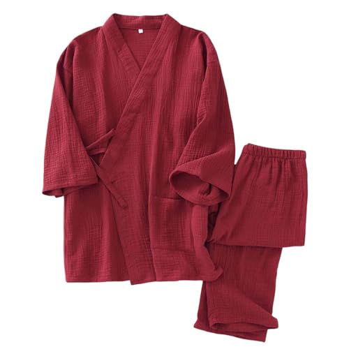 DUHENWU Damen Schlafanzug Zweiteiliger Japanisches Kimono-Set Baumwolle Pyjama Hautfreundlich Weich Matching Schlafanzug Einfarbig Freizeitanzug Lose Bequeme Hausanzug Atmungsaktiv Sleepwear von DUHENWU