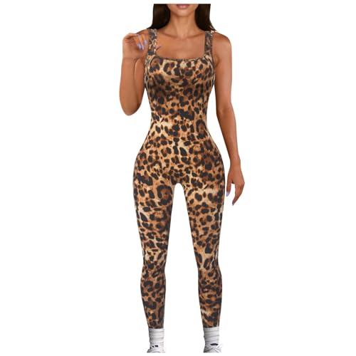 Damen Sport Jumpsuit Leopard Ärmellos Einteiliges Outfit Lang Kuschelig Sport Overall Eng Workout Bodysuit One Piece Tank Tops Stretch Langarm Bodycon Strampler Sportanzug von DUHENWU