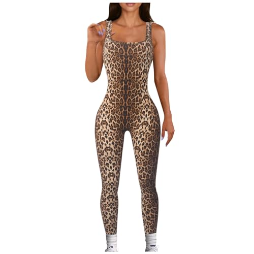 Damen Sport Jumpsuit Leopard Ärmellos Einteiliges Outfit Lang Kuschelig Sport Overall Eng Workout Bodysuit One Piece Tank Tops Stretch Langarm Bodycon Strampler Sportanzug von DUHENWU