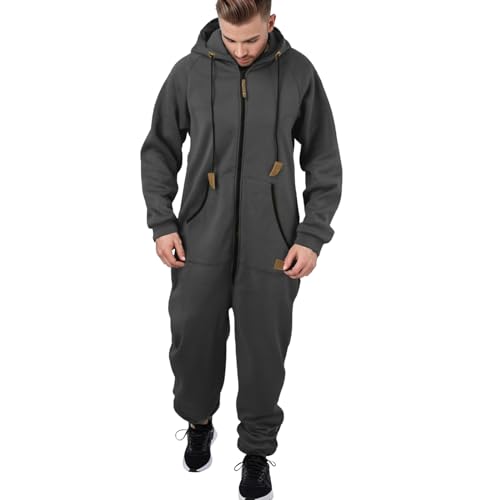 DUHENWU Einteiliger Schlafanzug Herren Warmer Fleece Overall Kuschelig Jumpsuit Plüsch Schlafanzug Elegant Einteiler Onesie Männer Langarm Einfarbig Pyjama Flauschig Lang Schlafoverall von DUHENWU